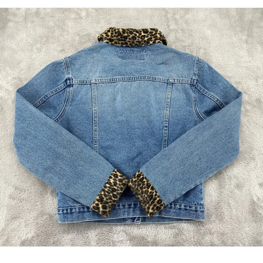 Vintage Squeeze Denim Jacket Leopard Collar Grunge Preppy Women S